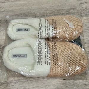 NWT Ellen Tracy Tan Sweater Knit Faux Fur Slip On House Slippers Size XL 10-11